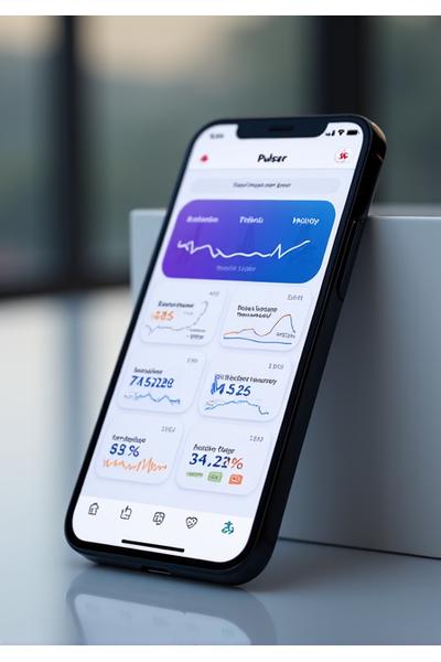 Mockup chytrého telefonu s otevřenou mobilní aplikací Pulsar zobrazující data ze sledování aktivity.