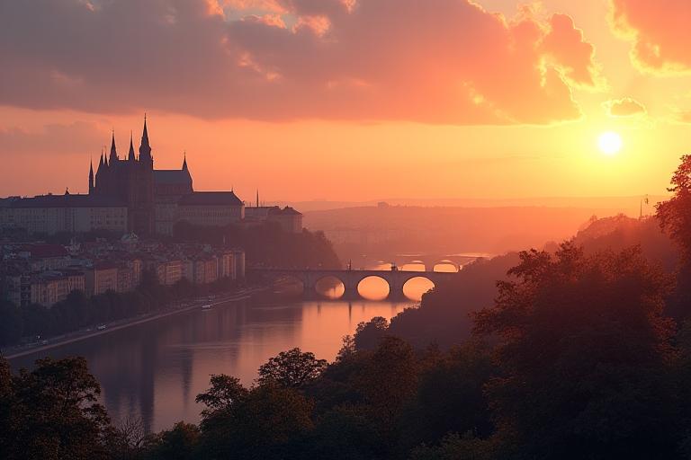 Panoramatický pohled na Prahu při západu slunce, s moderní budovou v popředí